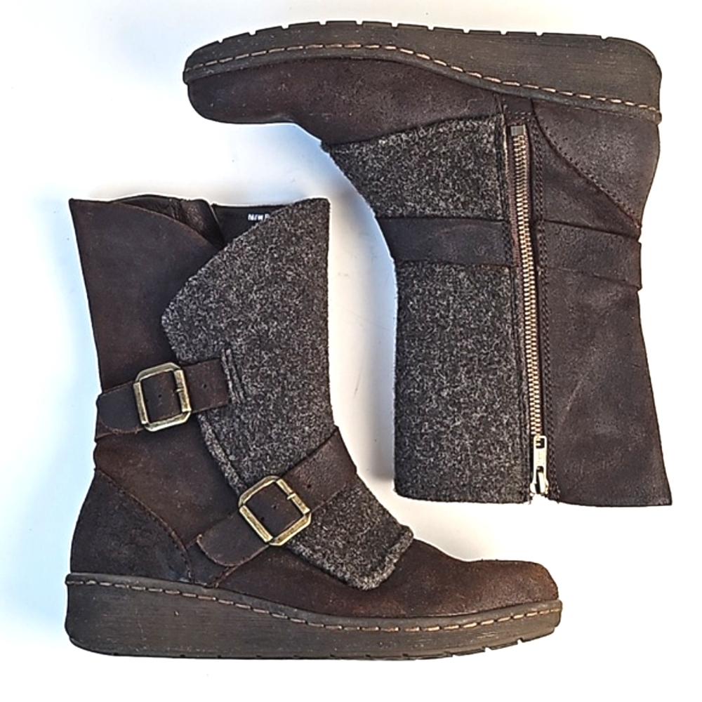 Born Kore Nubuck Leather & Wool Brown Buckle Detail Side Zip Mid Calf Boot